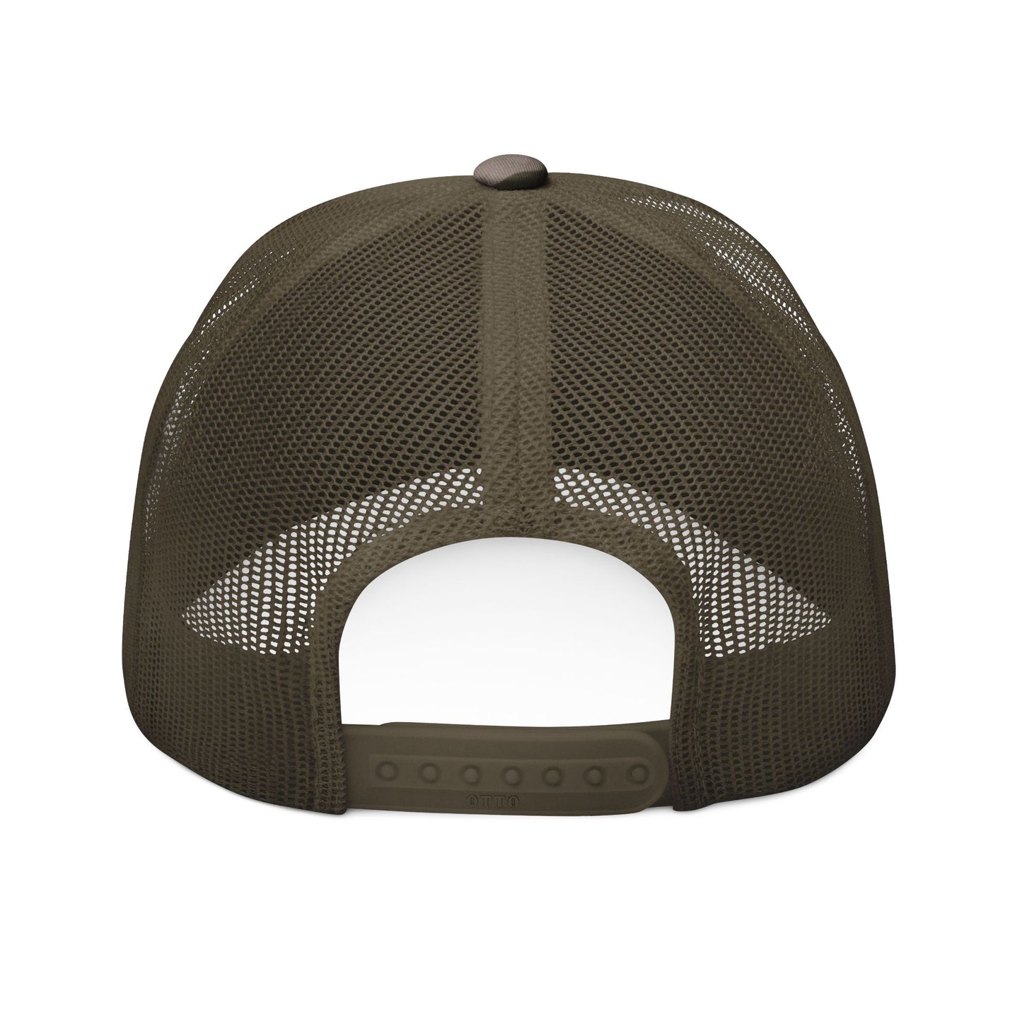 Overcomer Camo Trucker Hat — Embroidered Mesh Cap