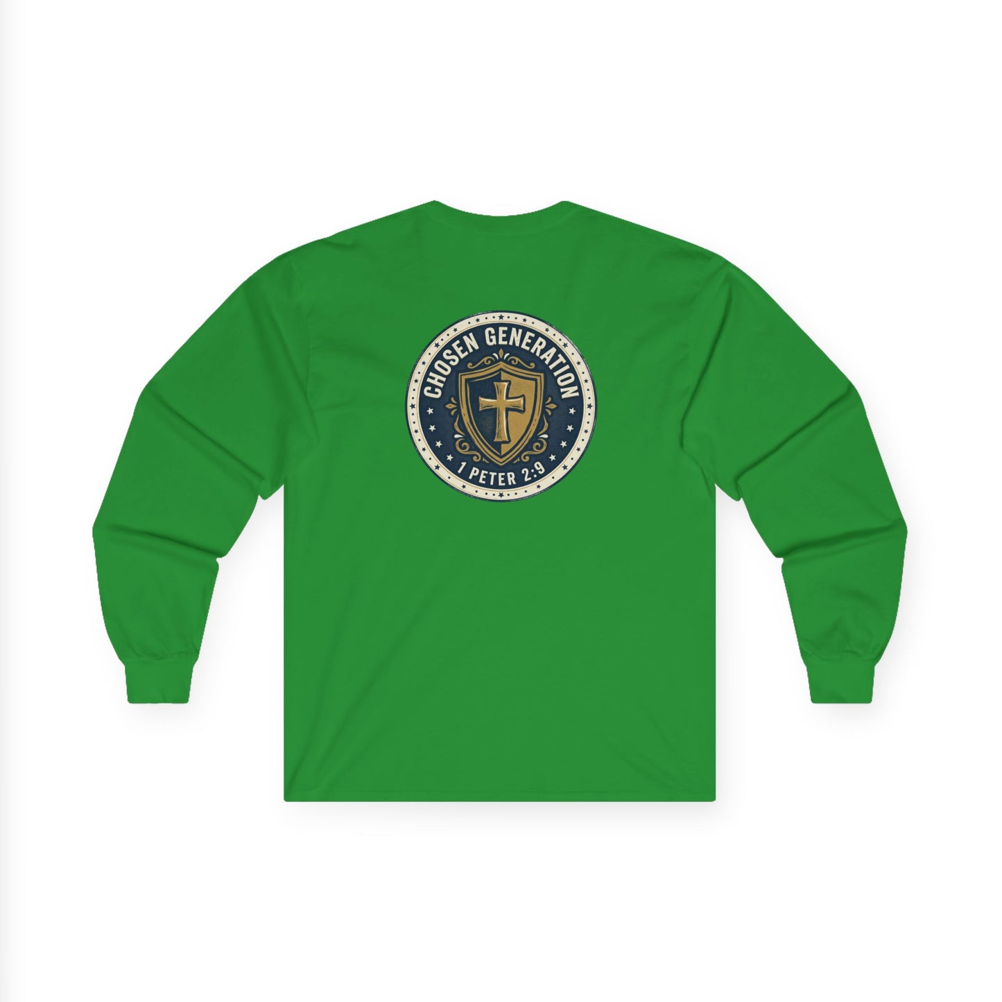Long Sleeve Tee — "Chosen Generation" Christian Shield Design (1 Peter 2:9)