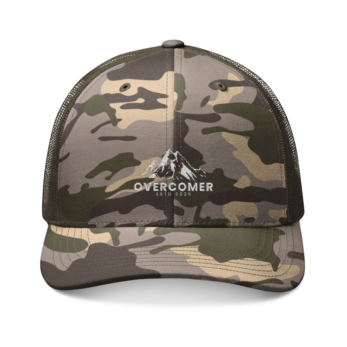 Overcomer Camo Trucker Hat — Embroidered Mesh Cap