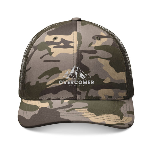 Overcomer Camo Trucker Hat — Embroidered Mesh Cap