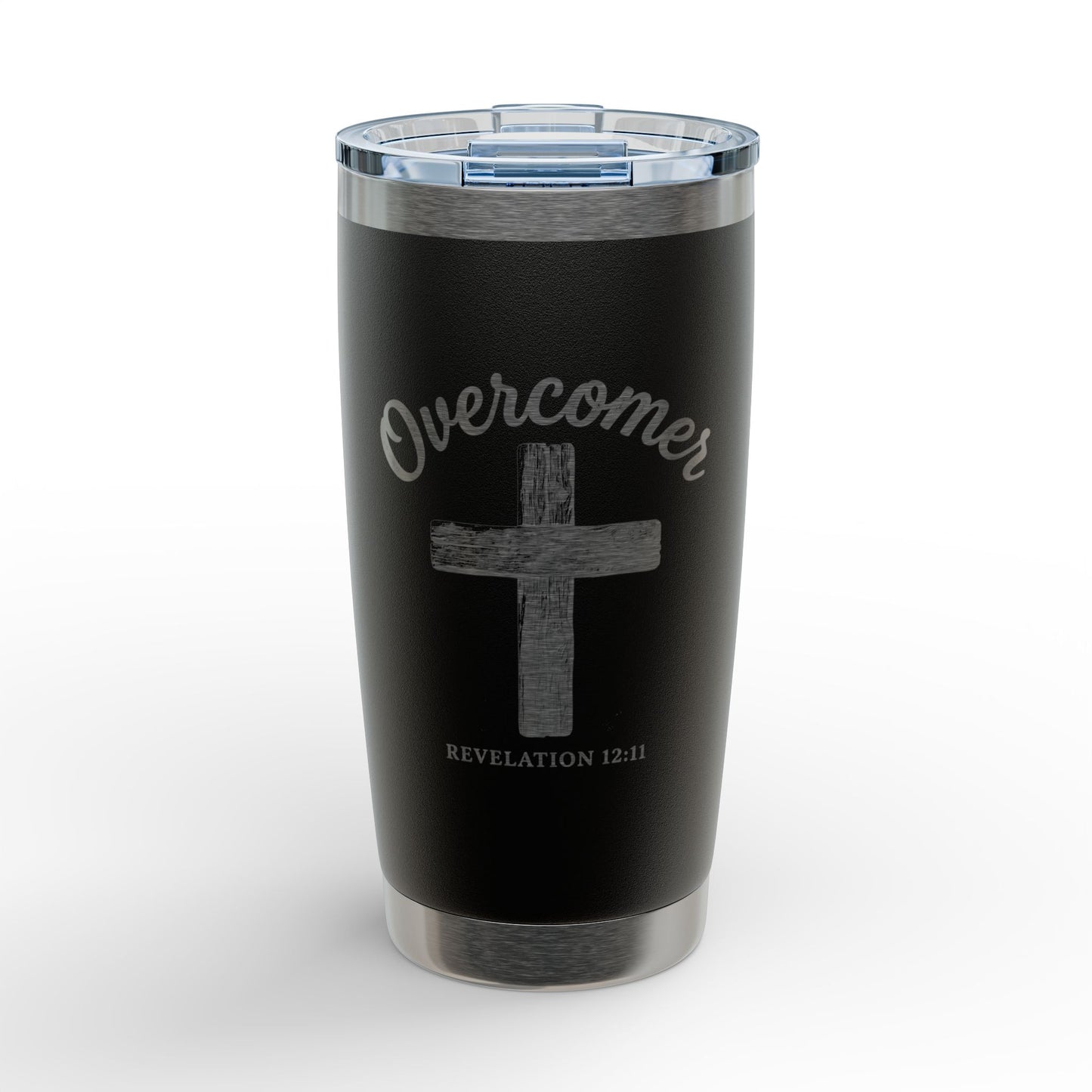 Overcomer Cross Engraved Tumbler – 20oz Inspirational Travel Mug (Revelation 12:11)