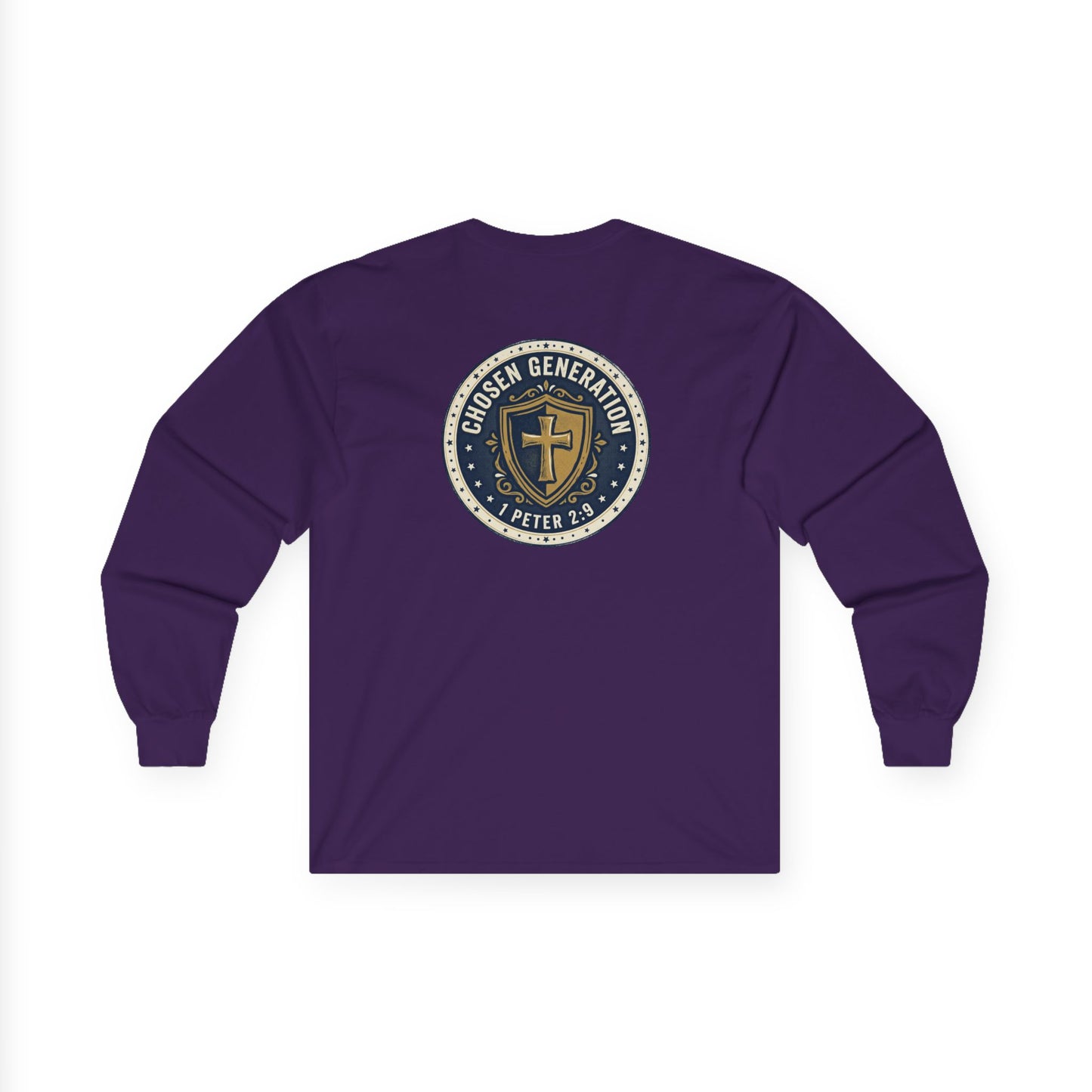 Long Sleeve Tee — "Chosen Generation" Christian Shield Design (1 Peter 2:9)