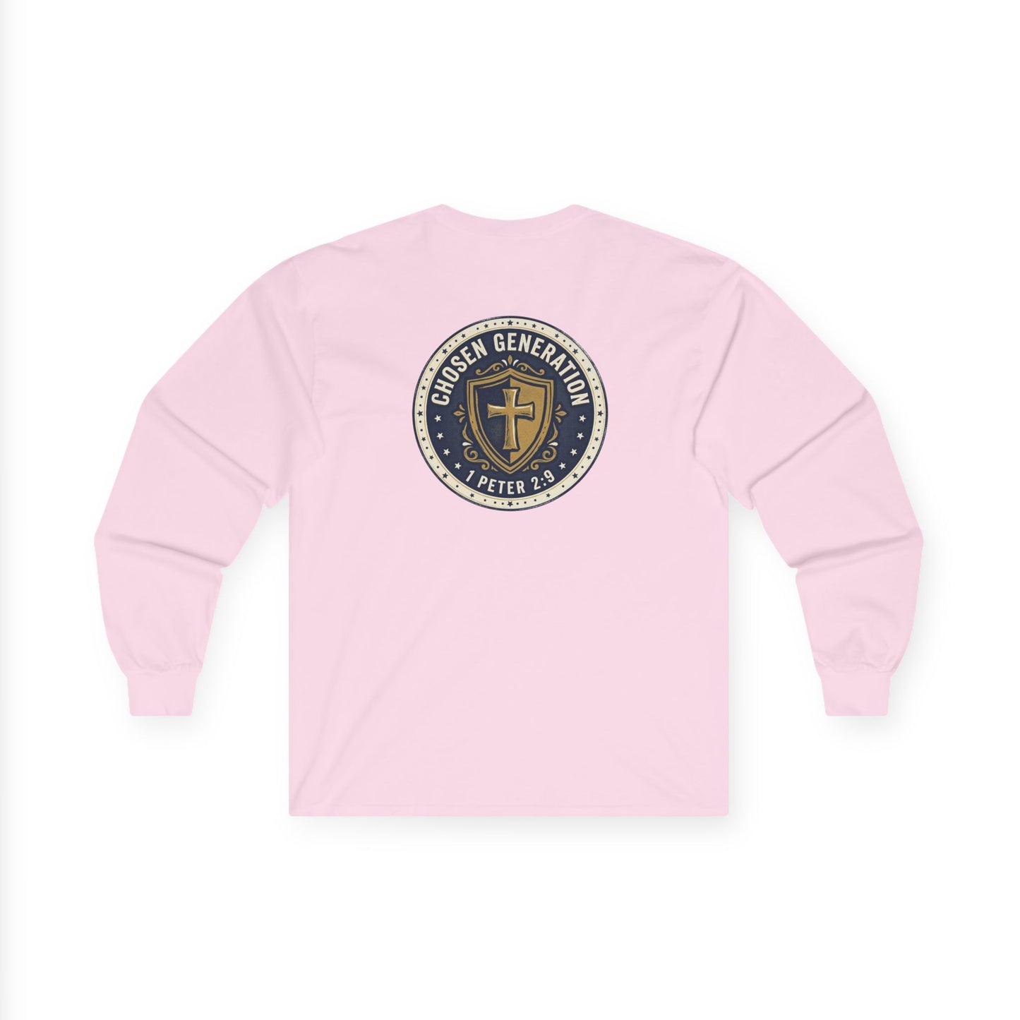 Long Sleeve Tee — "Chosen Generation" Christian Shield Design (1 Peter 2:9)