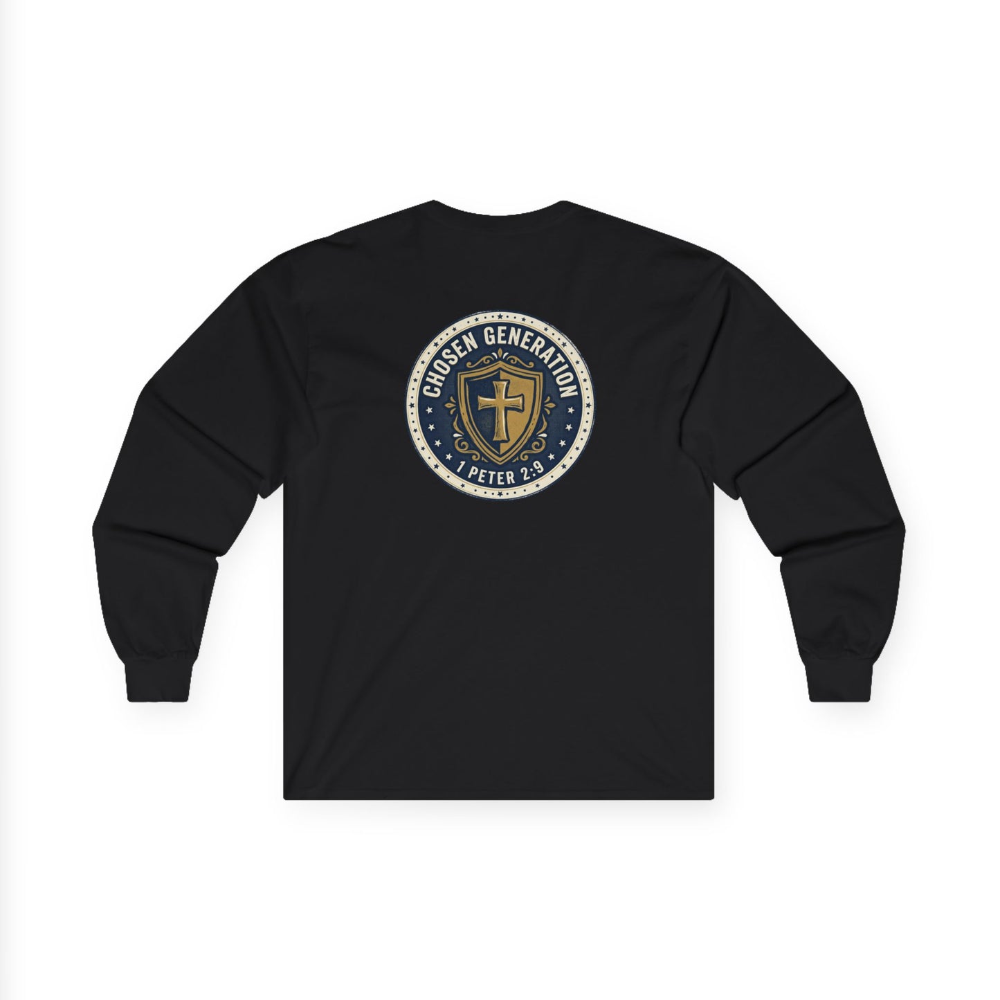 Long Sleeve Tee — "Chosen Generation" Christian Shield Design (1 Peter 2:9)
