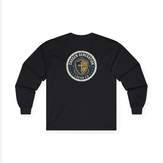 Long Sleeve Tee — "Chosen Generation" Christian Shield Design (1 Peter 2:9)