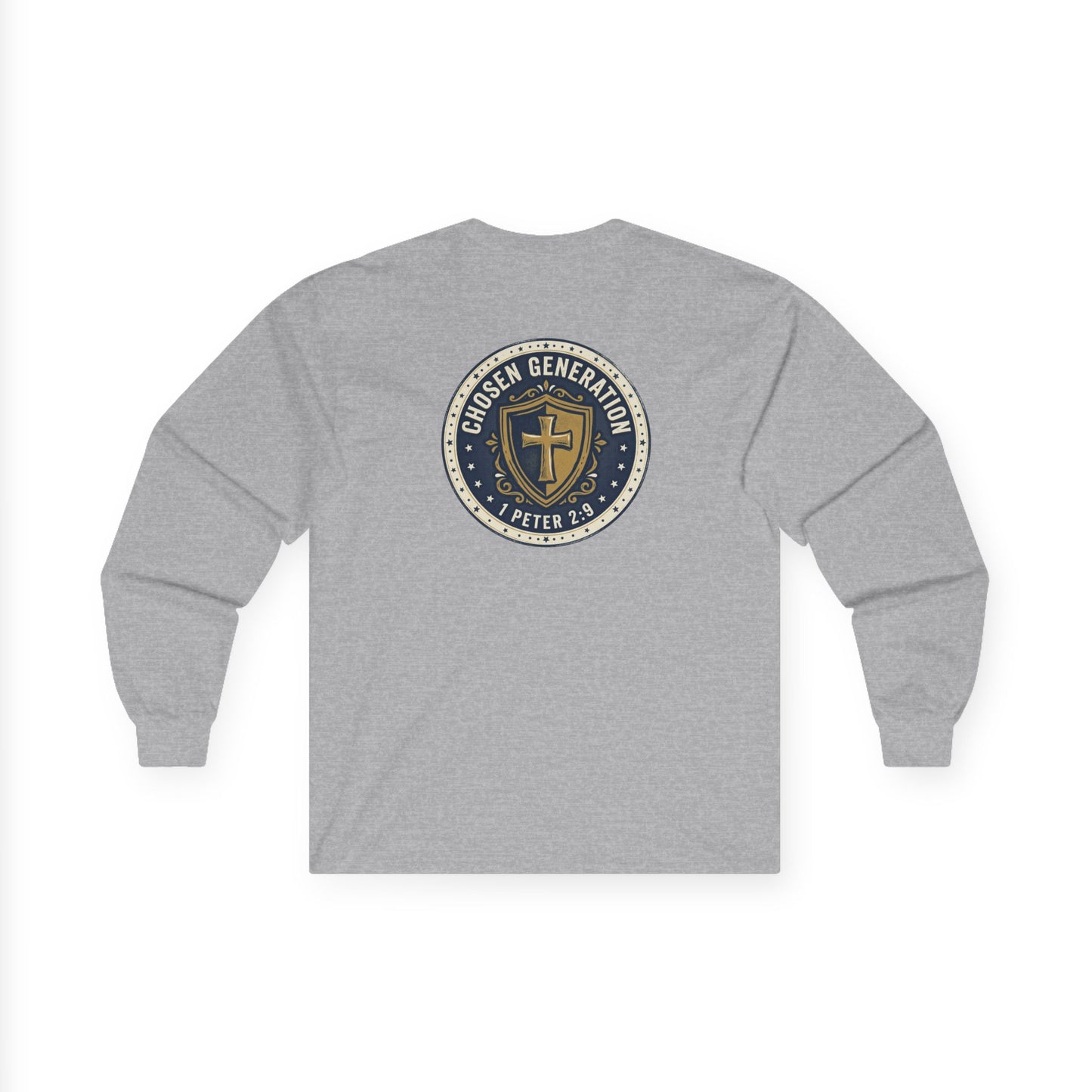 Long Sleeve Tee — "Chosen Generation" Christian Shield Design (1 Peter 2:9)
