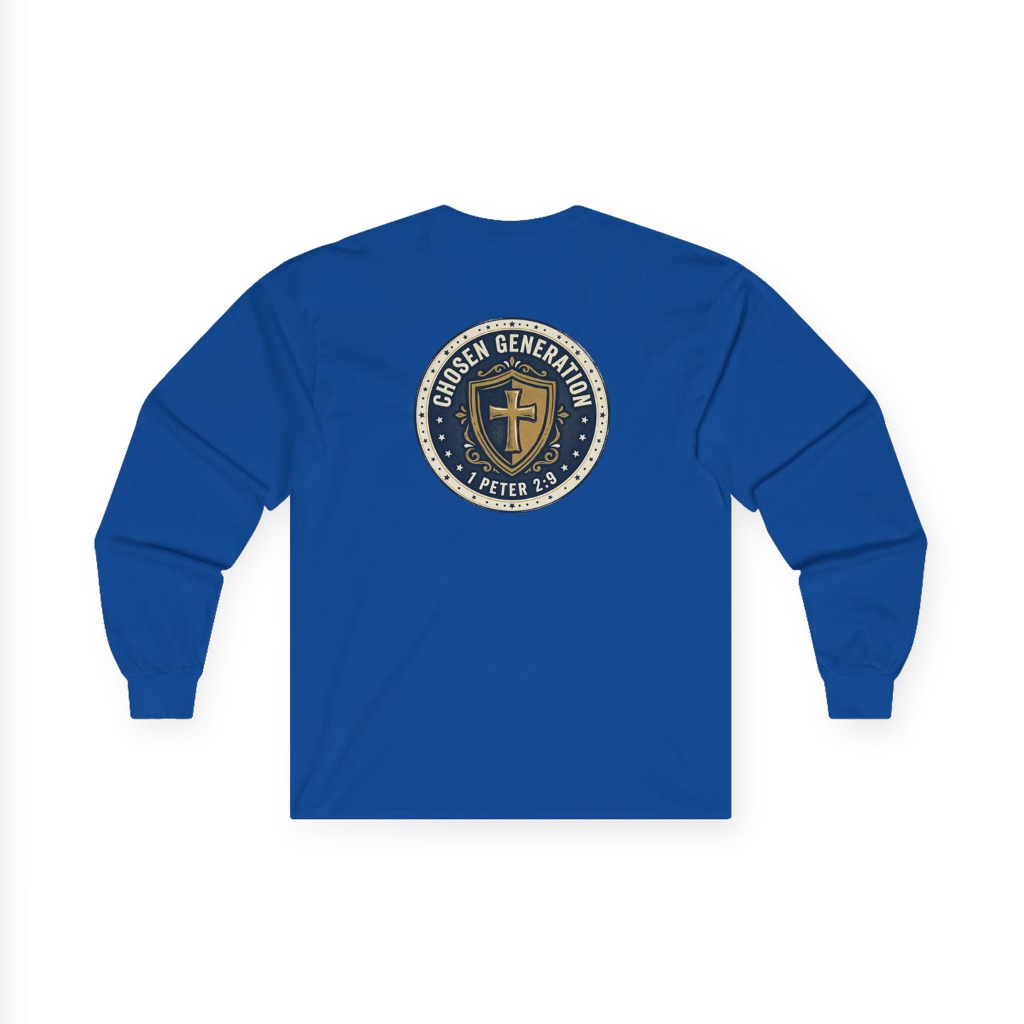 Long Sleeve Tee — "Chosen Generation" Christian Shield Design (1 Peter 2:9)