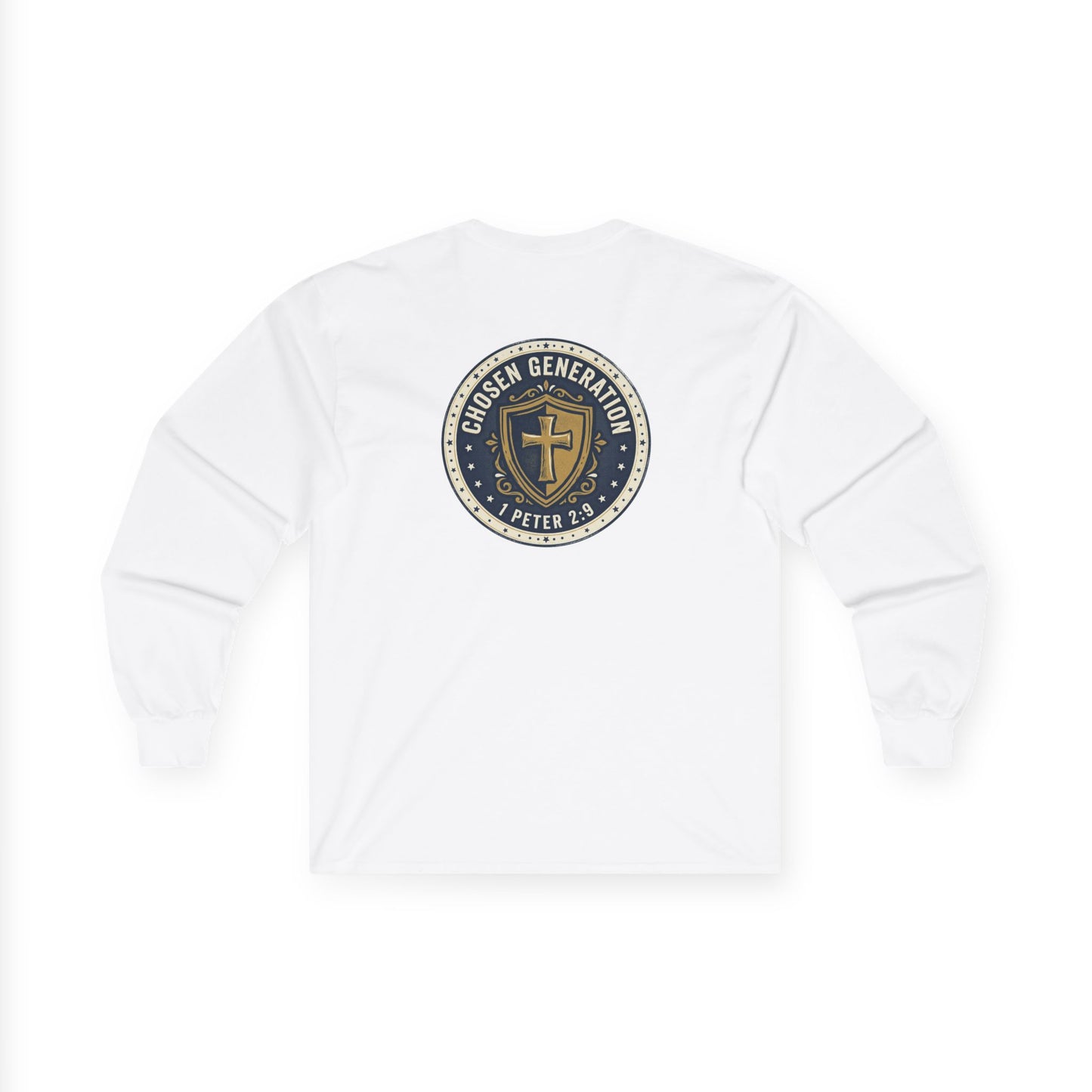 Long Sleeve Tee — "Chosen Generation" Christian Shield Design (1 Peter 2:9)