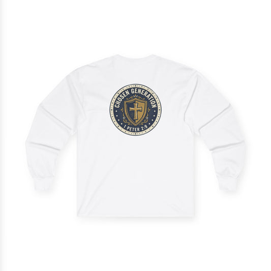 Long Sleeve Tee — "Chosen Generation" Christian Shield Design (1 Peter 2:9)
