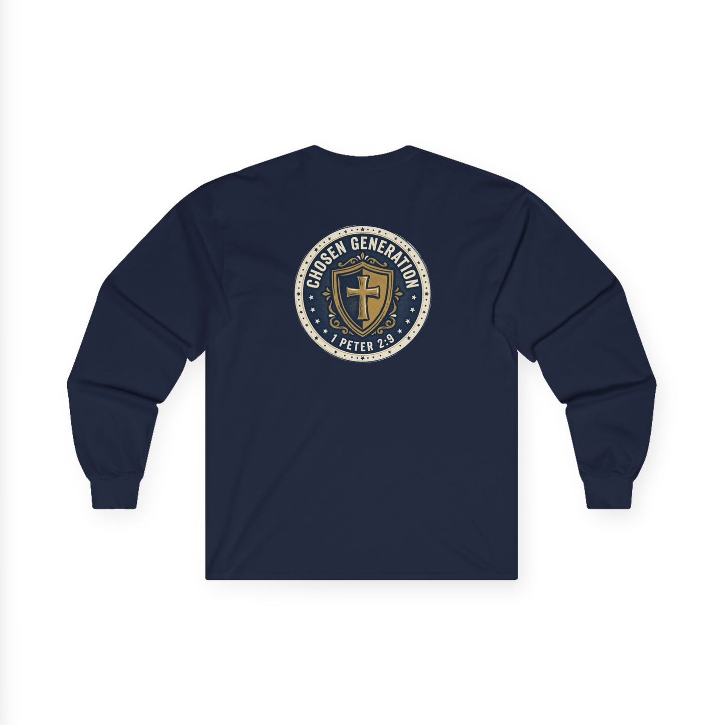 Long Sleeve Tee — "Chosen Generation" Christian Shield Design (1 Peter 2:9)