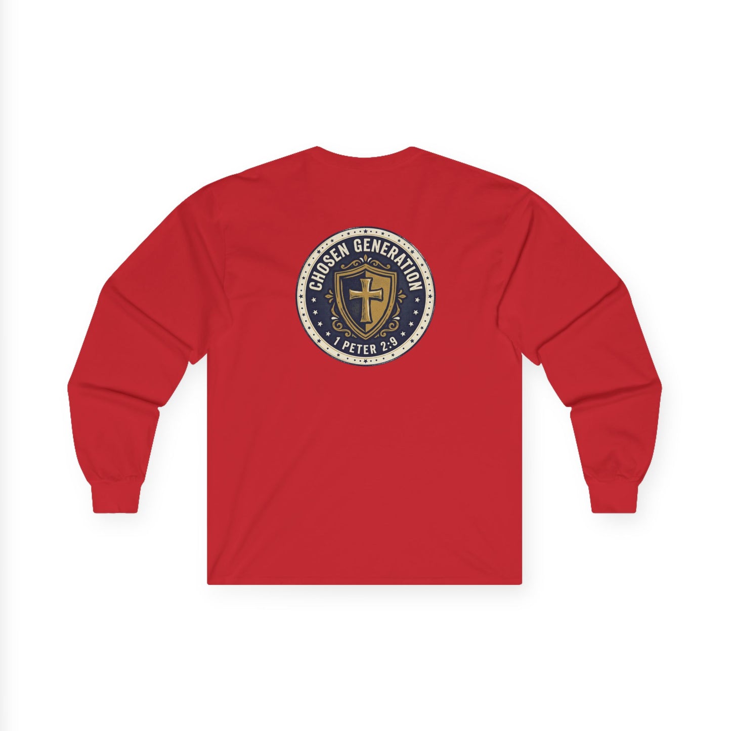 Long Sleeve Tee — "Chosen Generation" Christian Shield Design (1 Peter 2:9)