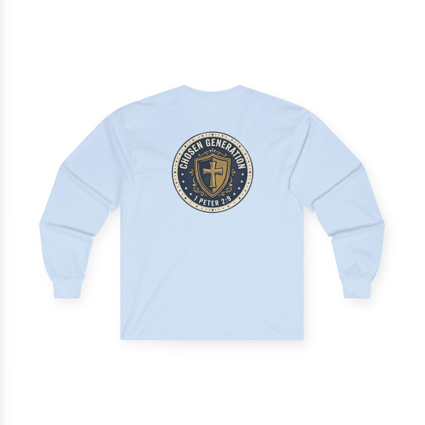 Long Sleeve Tee — "Chosen Generation" Christian Shield Design (1 Peter 2:9)