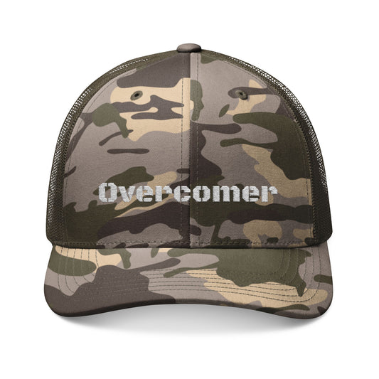 Overcomer Camo Trucker Hat — Embroidered Mesh Cap