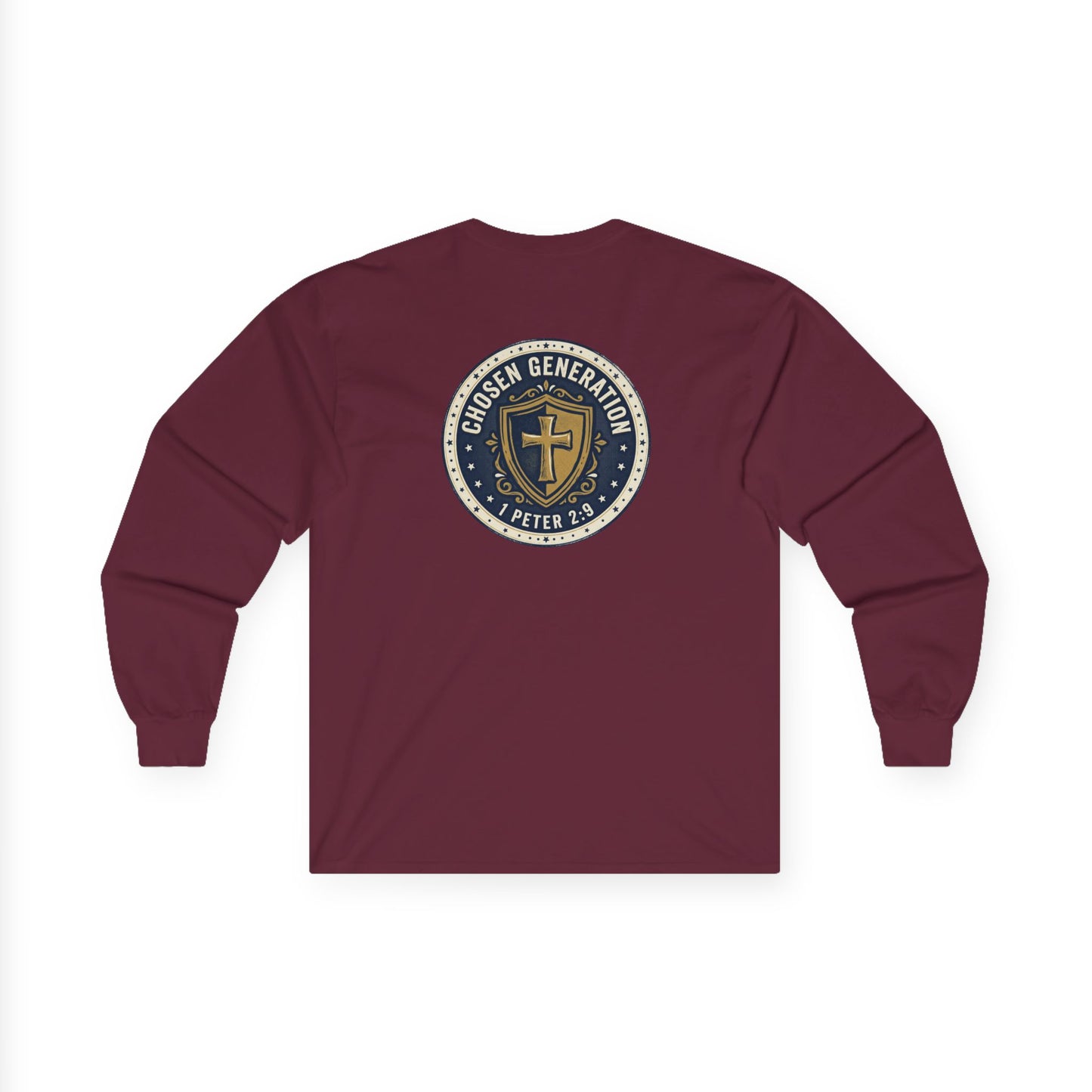 Long Sleeve Tee — "Chosen Generation" Christian Shield Design (1 Peter 2:9)