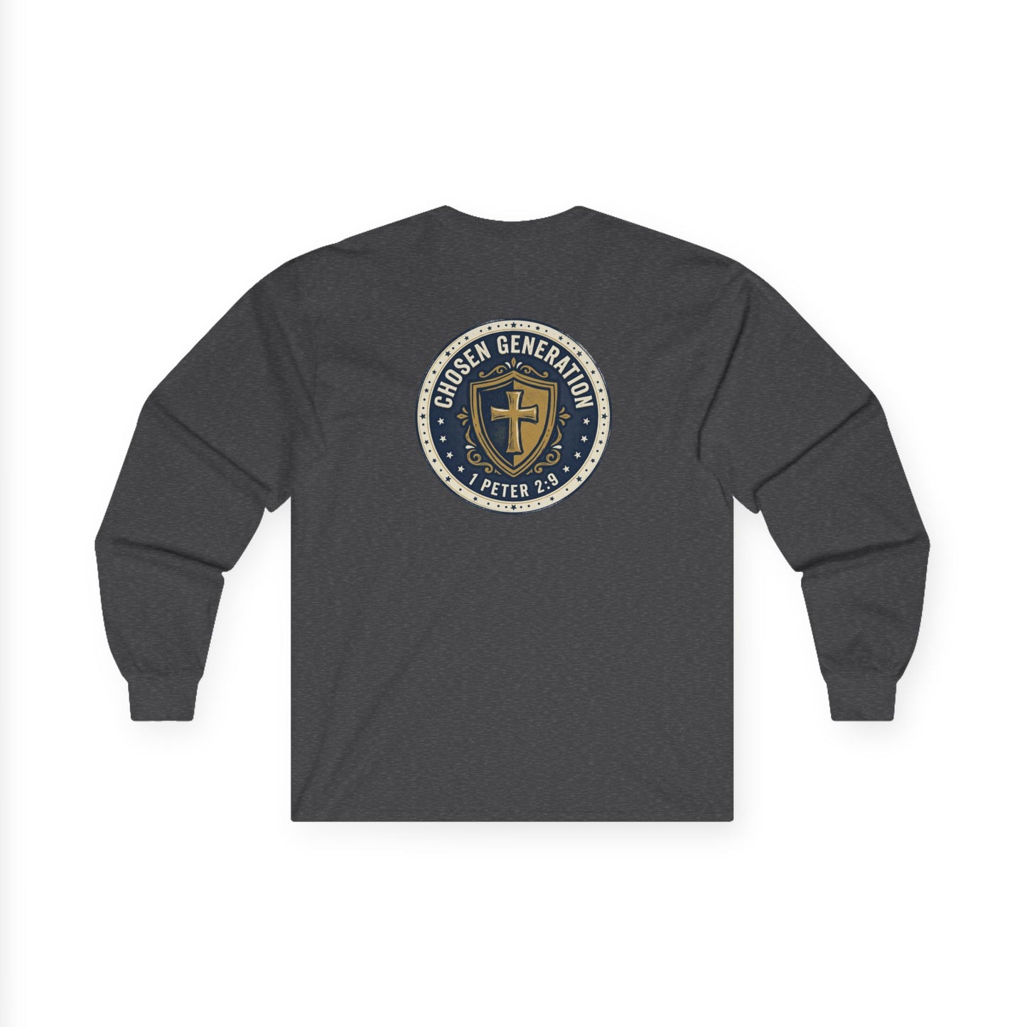 Long Sleeve Tee — "Chosen Generation" Christian Shield Design (1 Peter 2:9)
