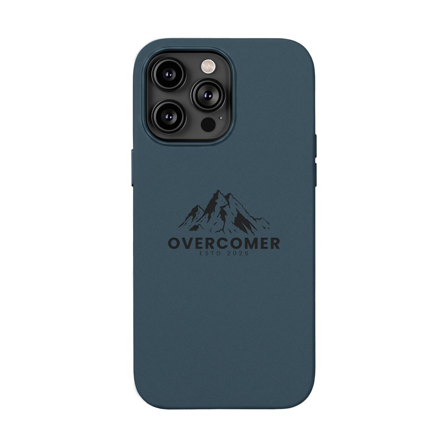 Engraved PU Leather Phone Case — "Overcomer" Mountain Design