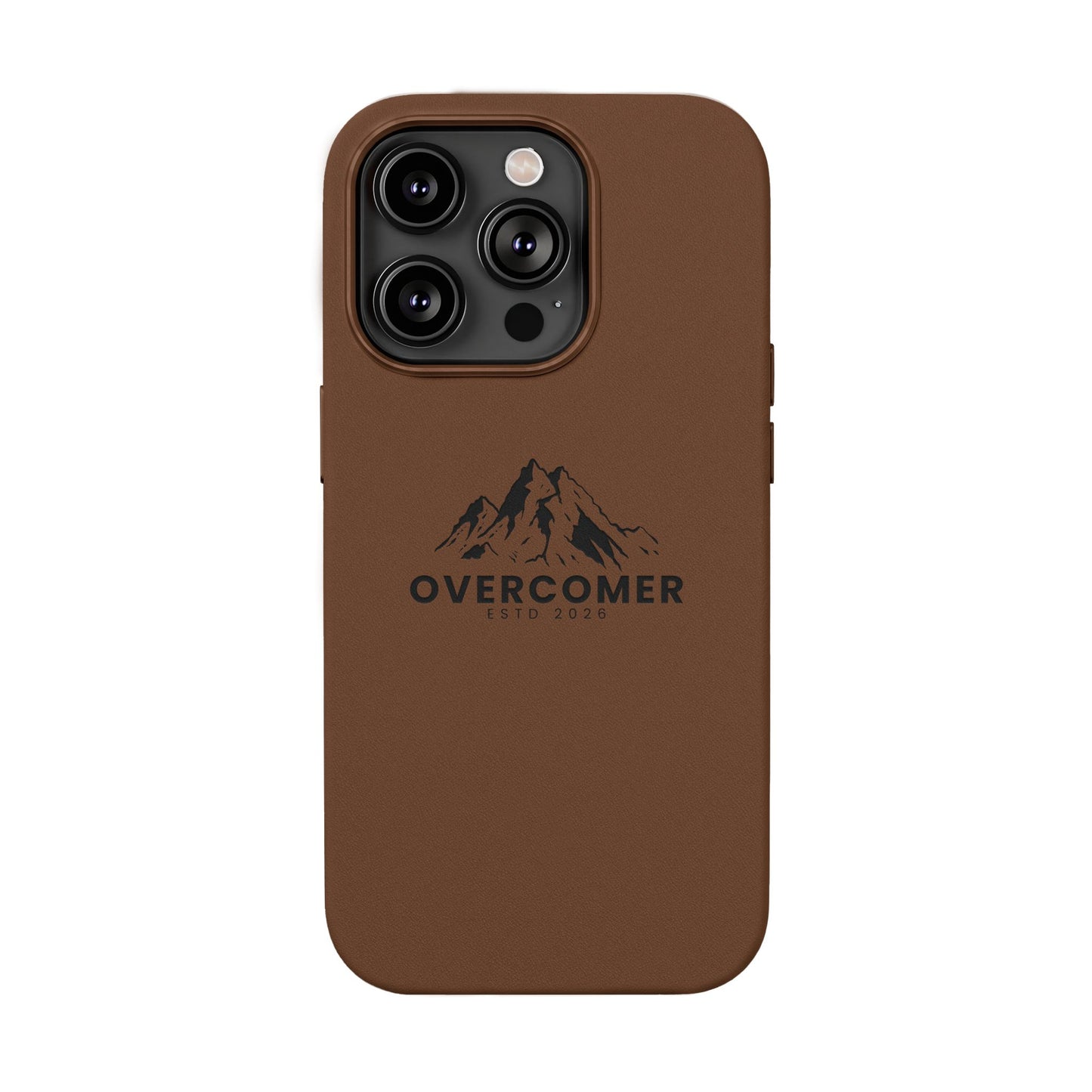 Engraved PU Leather Phone Case — "Overcomer" Mountain Design