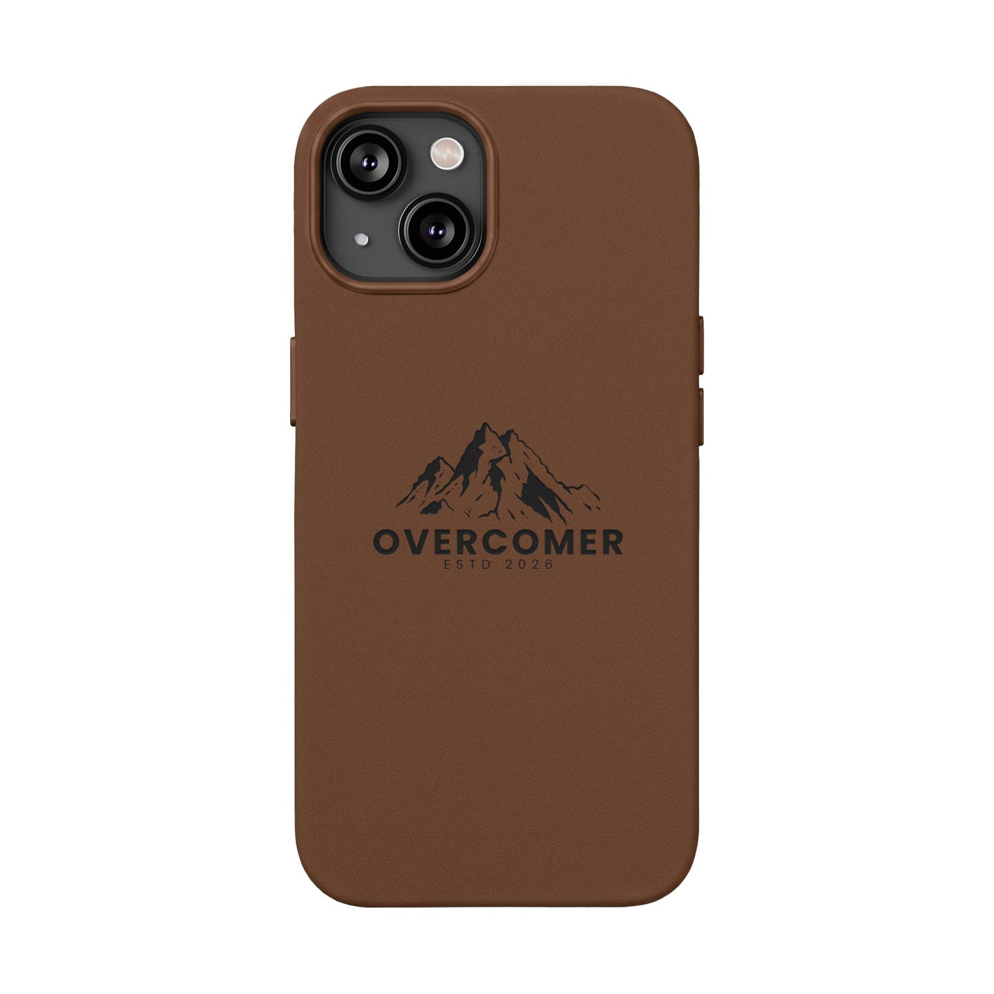 Engraved PU Leather Phone Case — "Overcomer" Mountain Design
