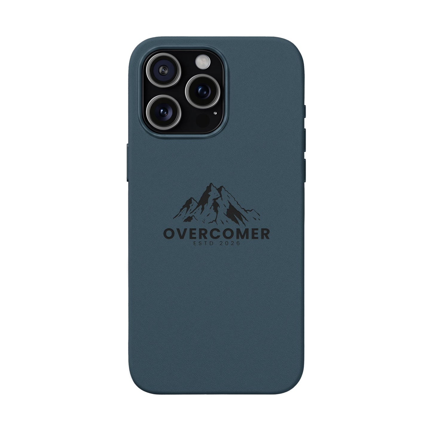 Engraved PU Leather Phone Case — "Overcomer" Mountain Design