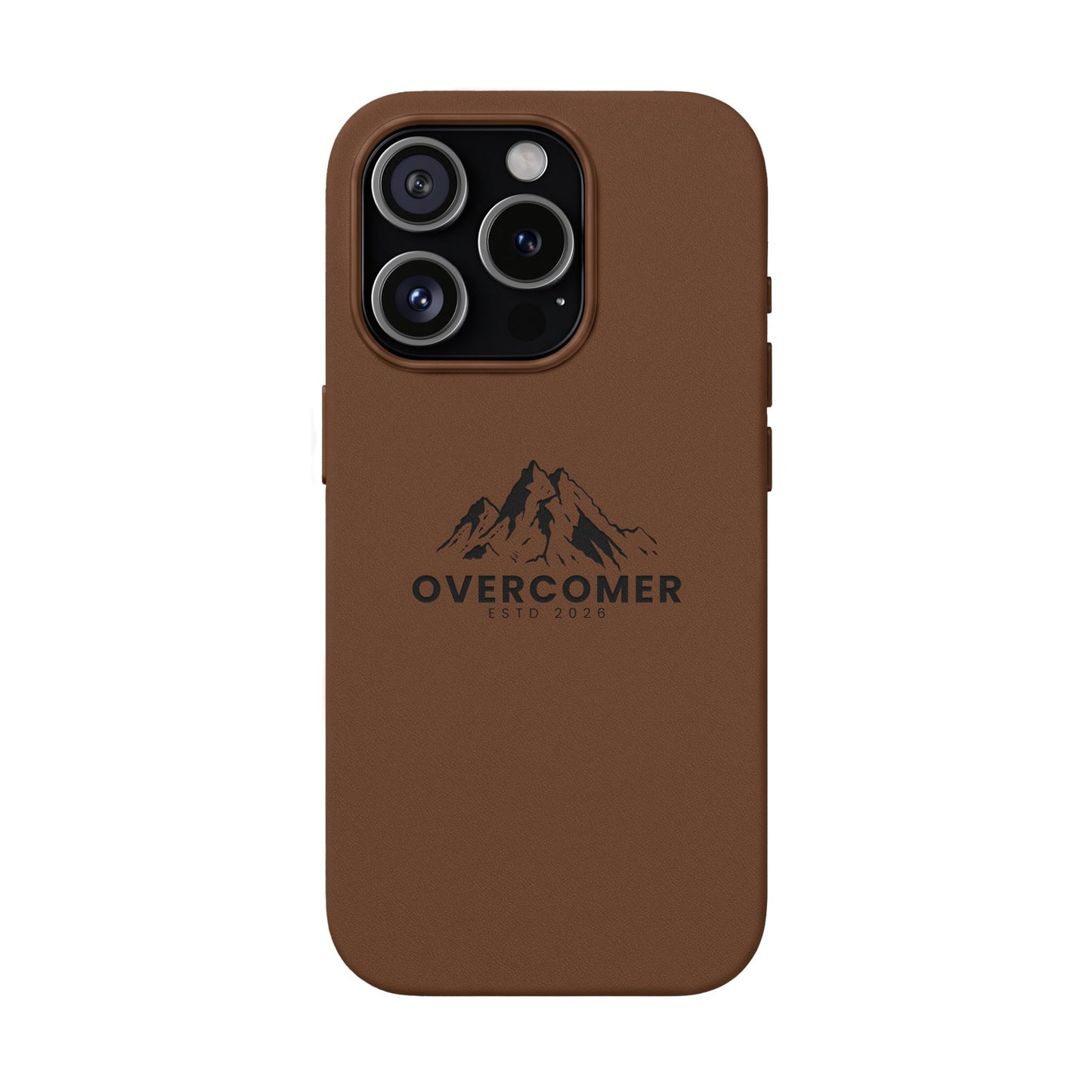 Engraved PU Leather Phone Case — "Overcomer" Mountain Design