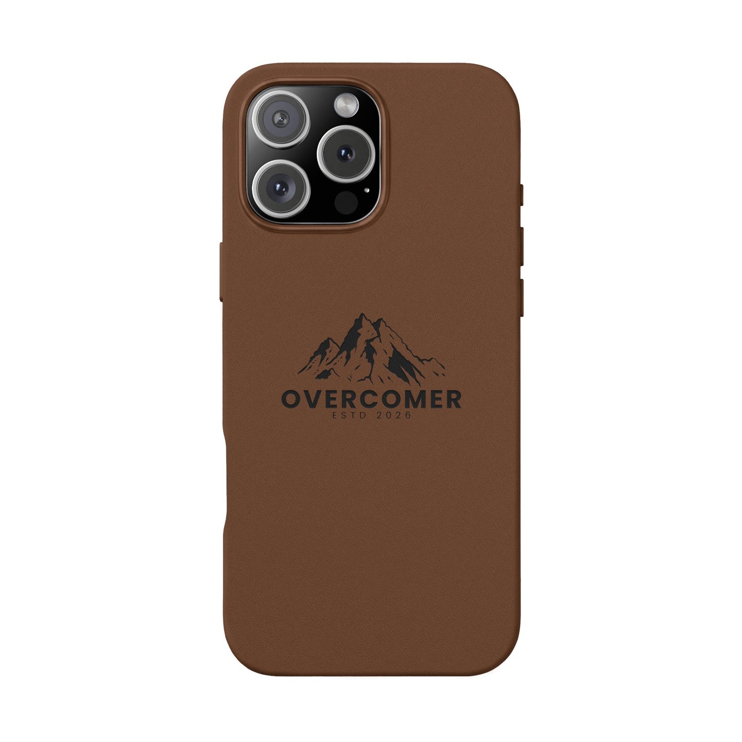 Engraved PU Leather Phone Case — "Overcomer" Mountain Design