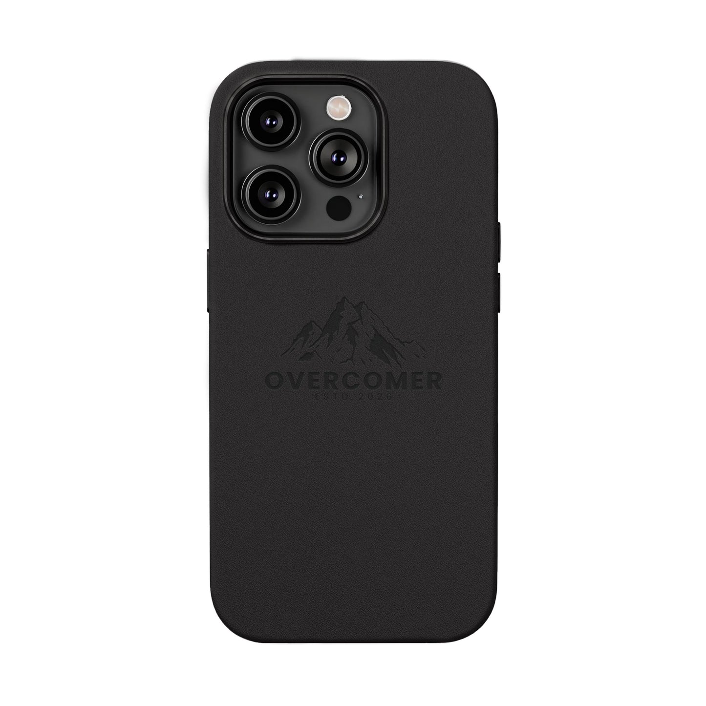Engraved PU Leather Phone Case — "Overcomer" Mountain Design