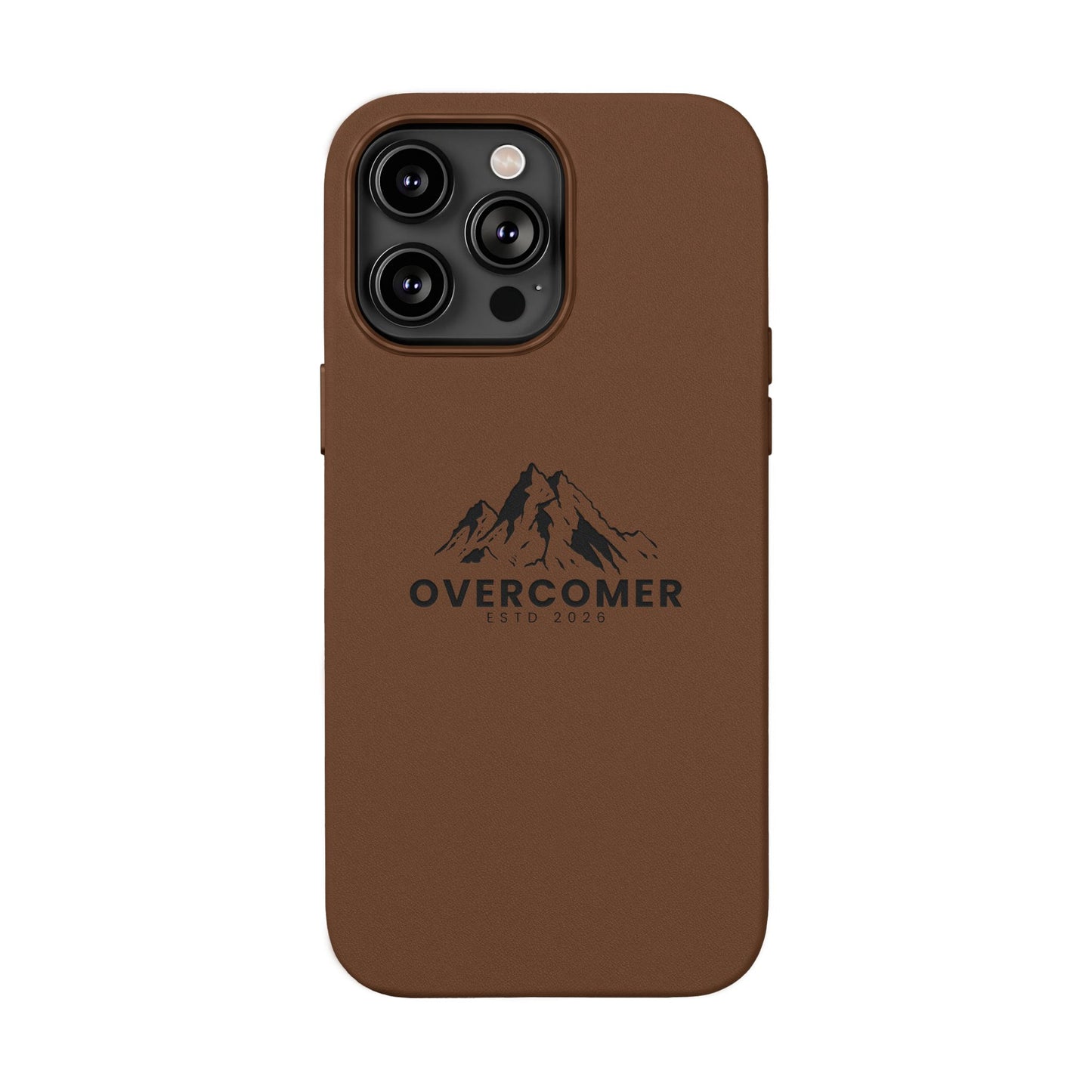 Engraved PU Leather Phone Case — "Overcomer" Mountain Design