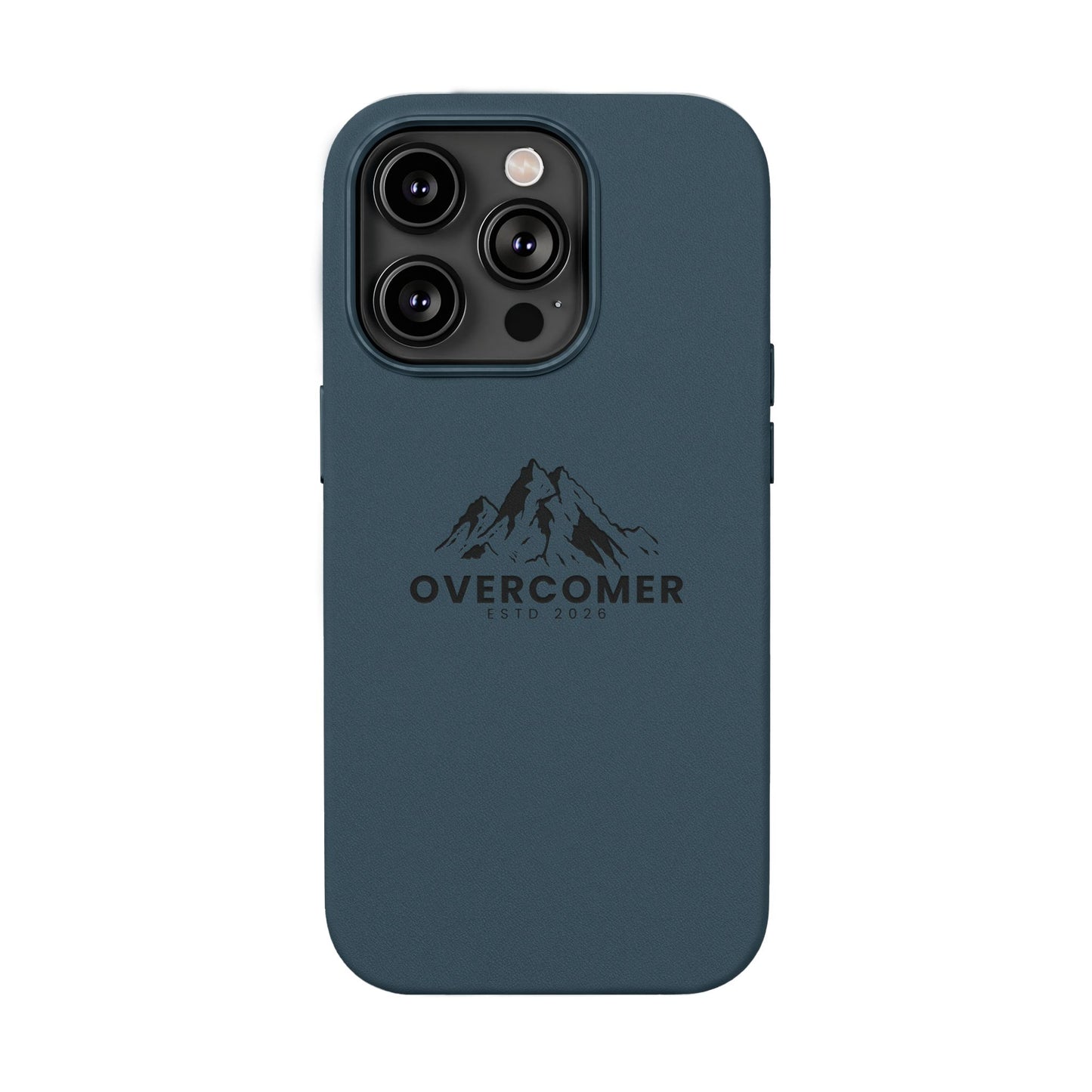 Engraved PU Leather Phone Case — "Overcomer" Mountain Design