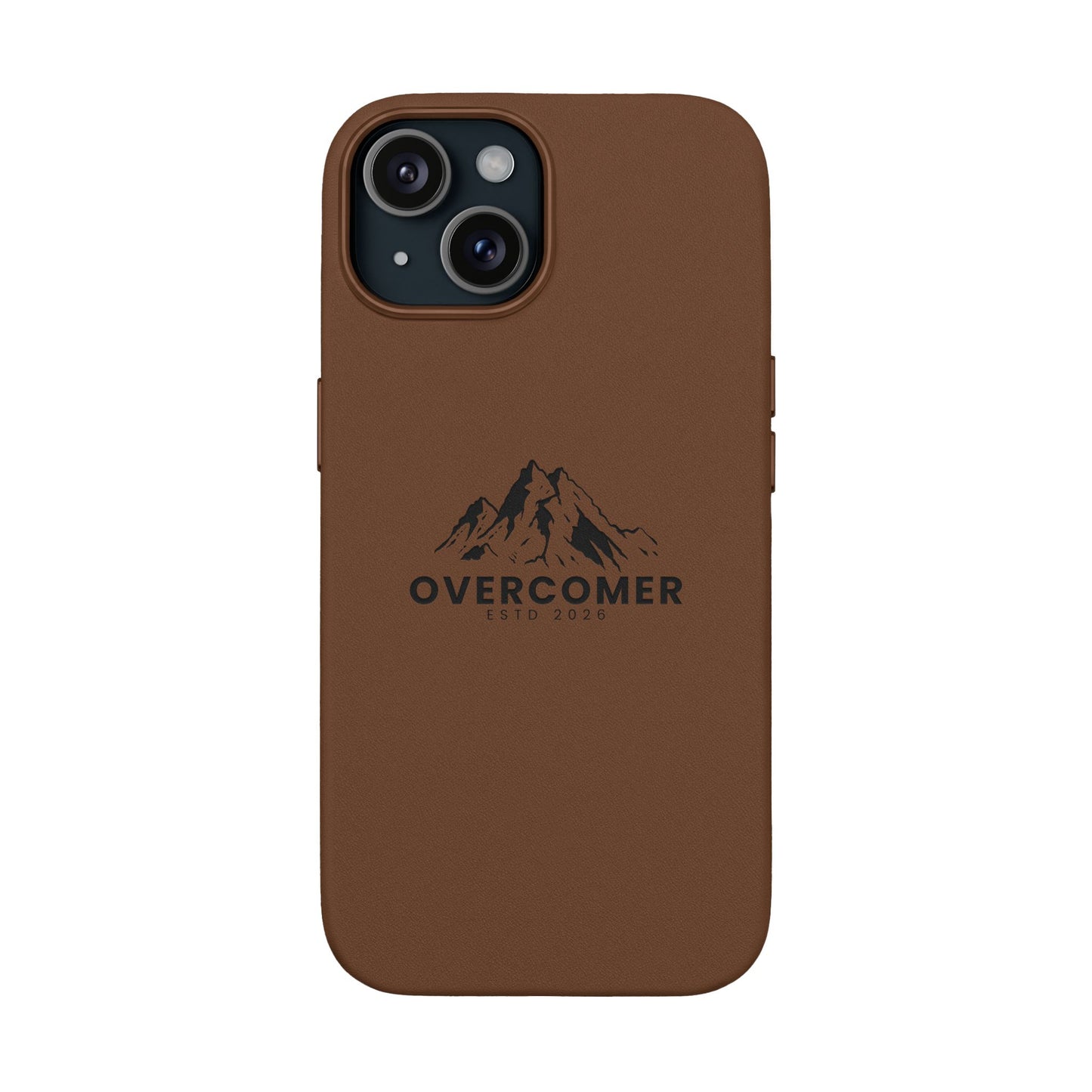 Engraved PU Leather Phone Case — "Overcomer" Mountain Design