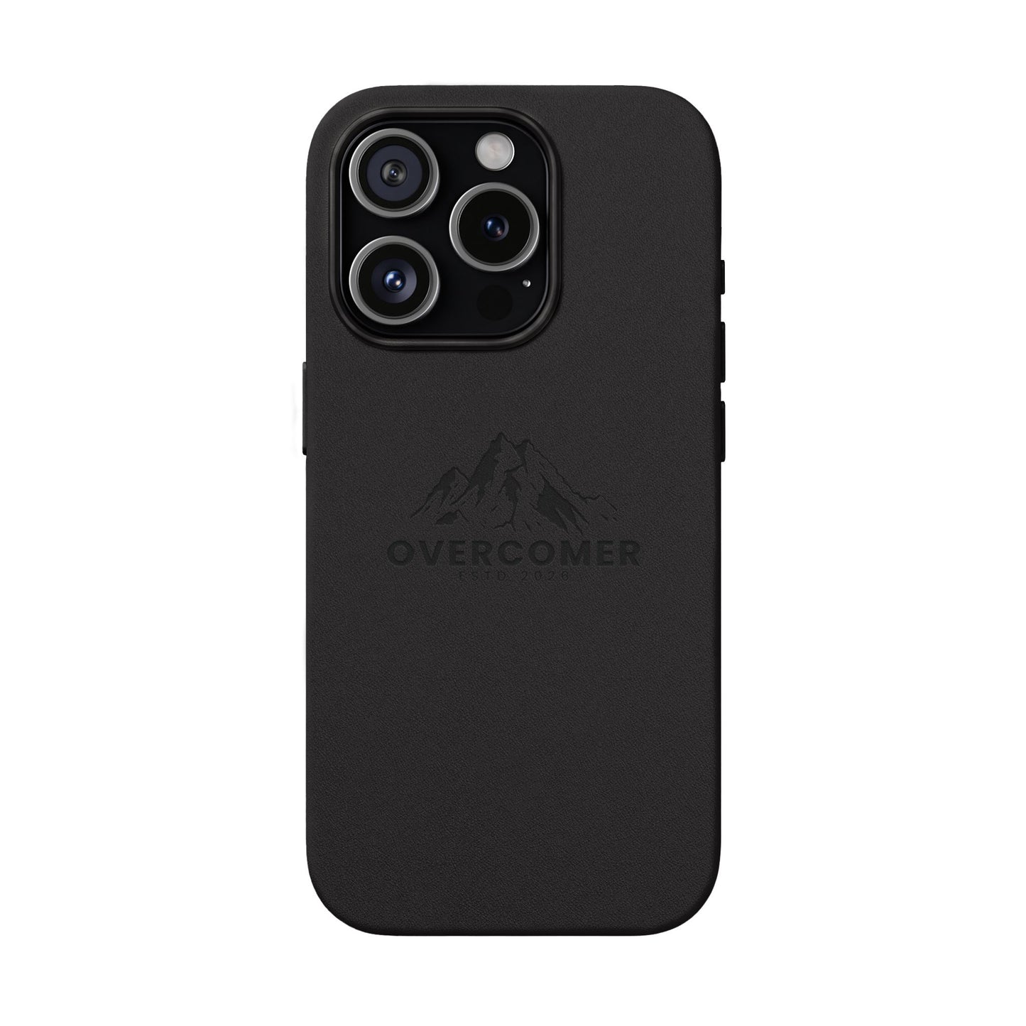 Engraved PU Leather Phone Case — "Overcomer" Mountain Design