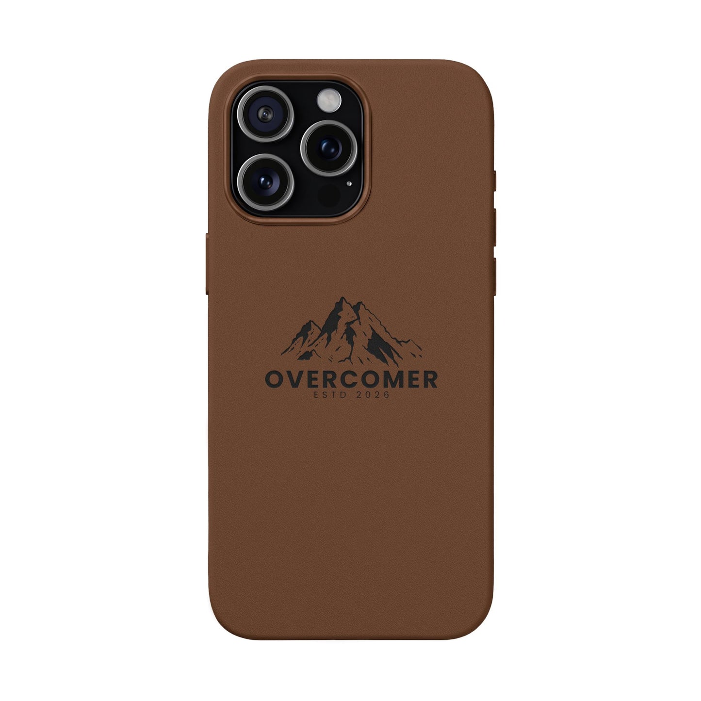 Engraved PU Leather Phone Case — "Overcomer" Mountain Design