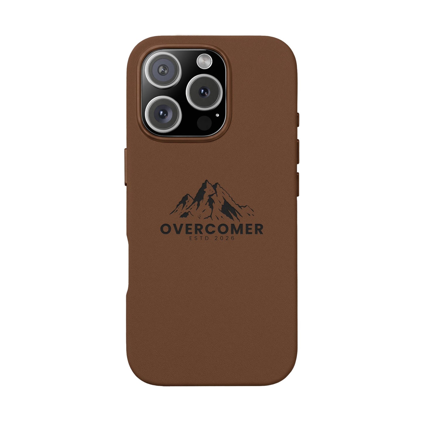 Engraved PU Leather Phone Case — "Overcomer" Mountain Design