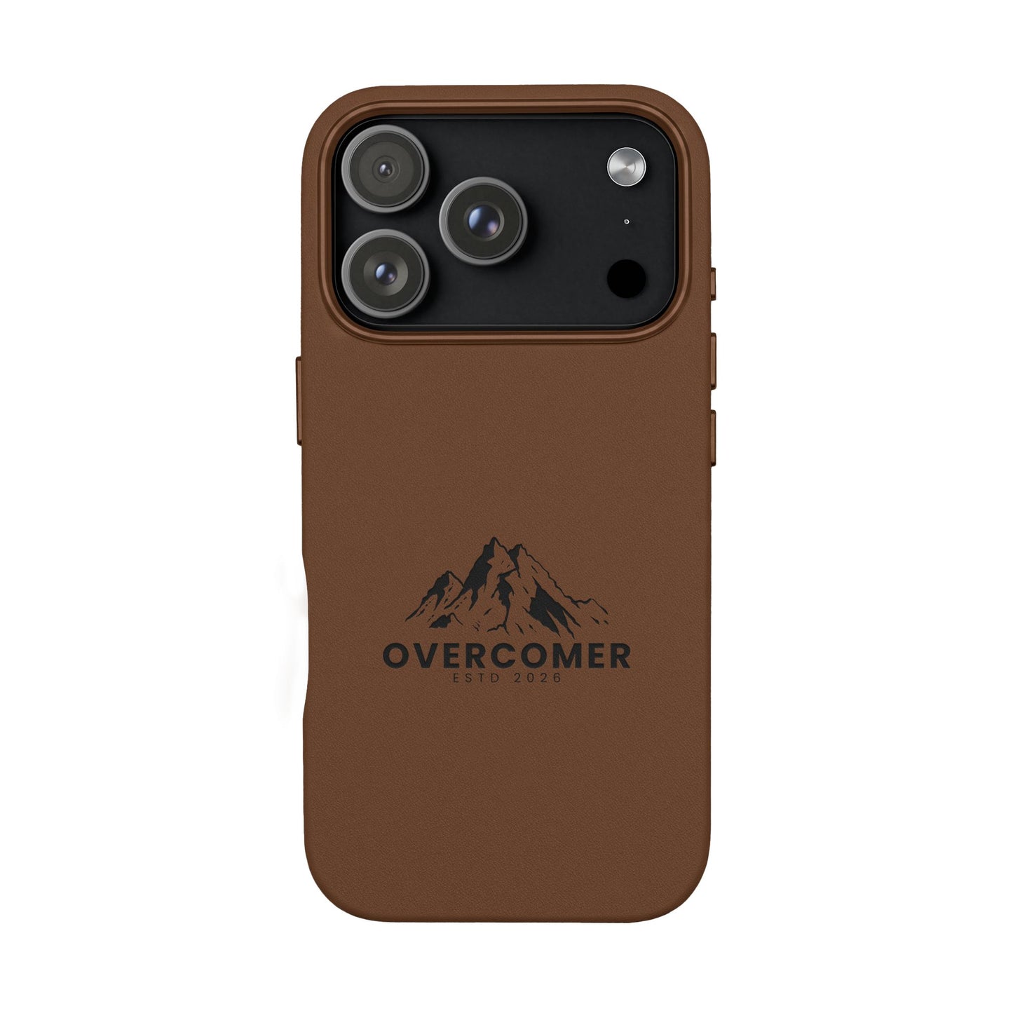 Engraved PU Leather Phone Case — "Overcomer" Mountain Design