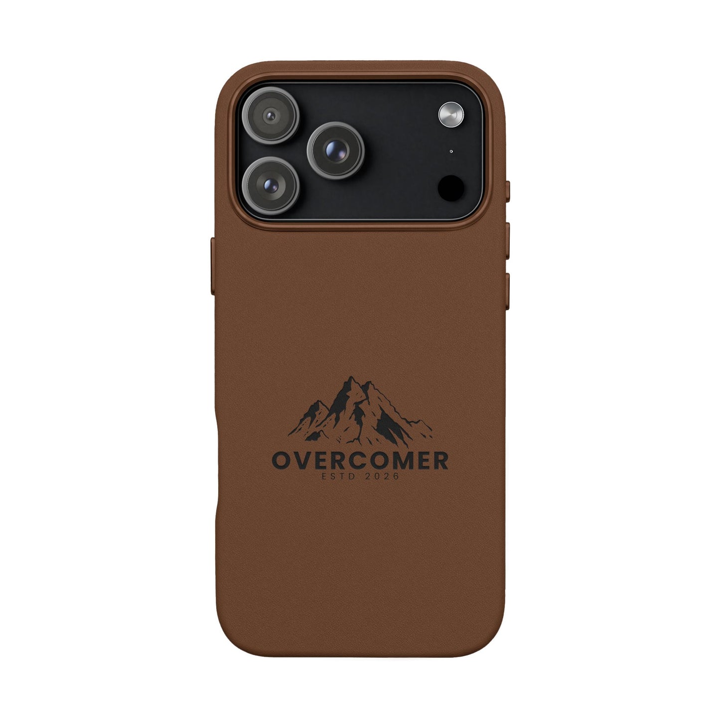 Engraved PU Leather Phone Case — "Overcomer" Mountain Design